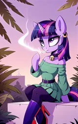 Size: 1024x1608 | Tagged: safe, ai content, derpibooru import, machine learning generated, stable diffusion, twilight sparkle, anthro, unicorn, bell, bell collar, belt, boots, city, cityscape, clothes, collar, dress, drugs, ear piercing, earring, generator:easyfluff, high heel boots, image, jewelry, marijuana, piercing, png, prompter:saphkey, shoes, smoking, solo