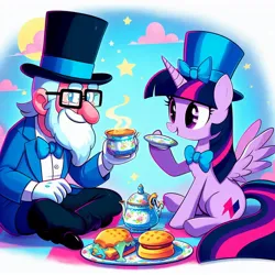 Size: 1024x1024 | Tagged: safe, ai content, derpibooru import, machine learning generated, twilight sparkle, twilight sparkle (alicorn), alicorn, human, bowtie, cup, female, hat, image, jpeg, male, picnic blanket, prompter:meshari7, tea party, teacup, teapot