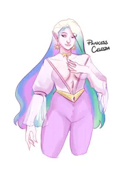 Size: 2830x3860 | Tagged: safe, artist:ohmisweetgoodness, derpibooru import, princess celestia, human, albino, alternate hairstyle, belly button, belt, breasts, busty princess celestia, clothes, ear piercing, earring, elf ears, female, humanized, image, jewelry, makeup, nail polish, pants, piercing, png, regalia, ring, shirt, sideboob, simple background, solo, tattoo, white background