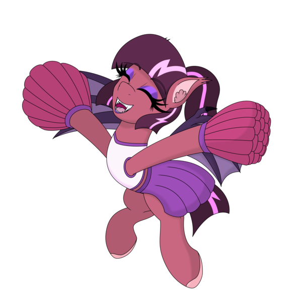 Size: 4200x4200 | Tagged: safe, artist:terton, derpibooru import, oc, oc:dazzling lunas, bat pony, pony, derpibooru community collaboration, 2024 community collab, bat pony oc, bat wings, cheering, cheerleader, cheerleader outfit, clothes, derpibooru exclusive, ear fluff, eyes closed, eyeshadow, fangs, female, flying, full body, happy, image, lipstick, makeup, open mouth, pink fur, png, pom pom, purple eyeshadow, purple lipstick, purple mane, simple background, skirt, solo, transparent background, wings