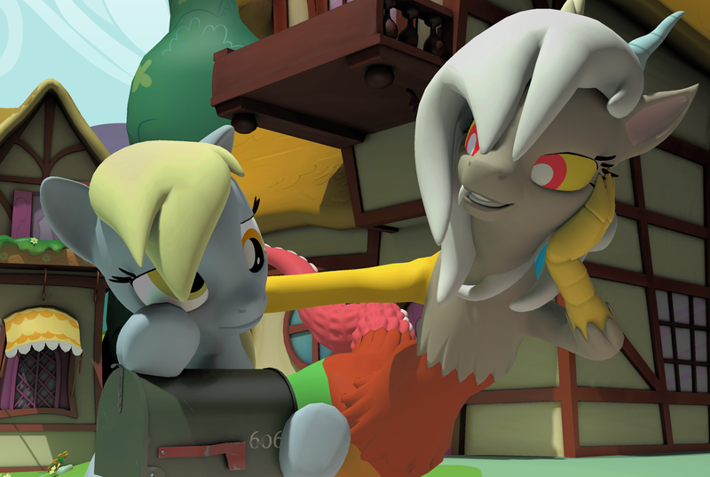 Size: 2317x1555 | Tagged: safe, artist:xafilah, derpibooru import, derpy hooves, discord, pegasus, pony, 3d, eris, gmod, image, png, ponyville, rule 63