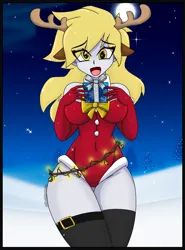 Size: 2200x2977 | Tagged: safe, artist:dibujoschidosdelabad, derpibooru import, derpy hooves, human, equestria girls, antlers, breasts, busty derpy hooves, christmas, female, high res, holiday, image, open mouth, open smile, png, present, reindeer antlers, smiling, solo