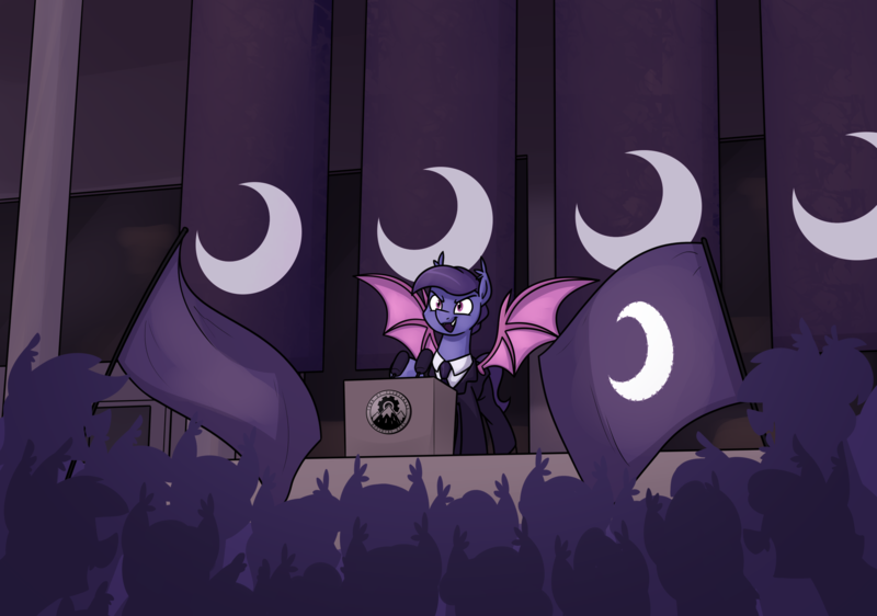 Size: 2374x1669 | Tagged: safe, artist:moonatik, derpibooru import, oc, oc:mayor moonbeam, unofficial characters only, bat pony, pony, alternate timeline, banner, bat pony oc, bat wings, clothes, commission, crowd, flag, image, male, necktie, new lunar millennium, nightmare takeover timeline, png, solo, speech, stallion, suit, talking, wings