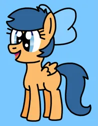 Size: 1071x1367 | Tagged: safe, artist:maggiethelittlegirlfan389, first base, pegasus, pony, adorabase, blank flank, blue background, bow, cute, cyan background, female, filly, g4, girly, hair bow, image, little, little first base, open mouth, open smile, png, simple background, smiling, toddler, tomboy, younger