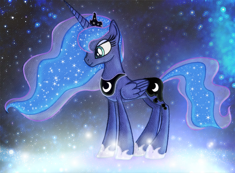 Size: 3050x2250 | Tagged: safe, artist:paajbach, derpibooru import, editor:wojtek-ツ, glitter drops, princess luna, alicorn, pony, bust, colorful, crown, cutie mark, digitally colored, ethereal mane, female, g4, glow, hoof shoes, horn, image, jewelry, magic, magic aura, mare, pencil drawing, peytral, png, portrait, regalia, signature, smiling, solo, sparkles, standing, starry mane, starry night, starry tail, stars, tail, traditional art