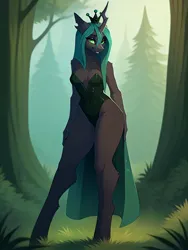Size: 2304x3072 | Tagged: suggestive, ai content, derpibooru import, machine learning generated, stable diffusion, queen chrysalis, anthro, changeling, changeling queen, bedroom eyes, belly button, big breasts, breasts, busty queen chrysalis, clothes, female, fog, forest, g4, generator:easyfluff v11.2, grass, horn, image, jpeg, long legs, looking at you, nature, outdoors, prompter:frostru, sexy, smiling, smiling at you, solo, solo female, standing, stupid sexy chrysalis, tall, tree