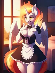 Size: 2304x3072 | Tagged: suggestive, ai content, derpibooru import, machine learning generated, stable diffusion, daybreaker, alicorn, anthro, bed, bedroom, bedroom eyes, big breasts, breasts, busty daybreaker, chest fluff, cleavage, clothes, ear fluff, female, g4, generator:easyfluff v11.2, horn, image, jpeg, maid, maidbreaker, mane of fire, partially open wings, prompter:frostru, solo, window, wings