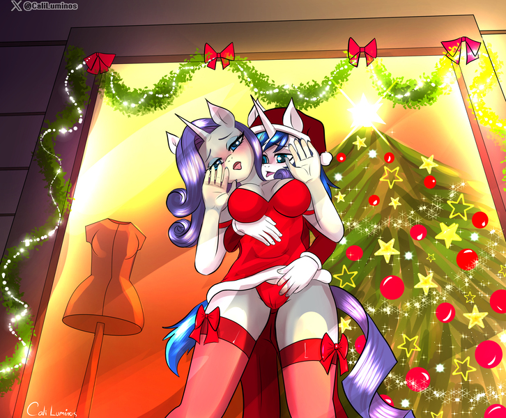 Size: 3720x3073 | Tagged: questionable, artist:cali luminos, derpibooru import, rarity, shining armor, anthro, unicorn, blushing, breasts, cameltoe, censored, christmas, christmas tree, clothes, commission, fanart, female, g4, hand on belly, holiday, horn, image, jpeg, lovers, male, panties, patreon, public, red panties, sexy, skirt, socks, stockings, thigh highs, tree, underwear, upskirt, your character here