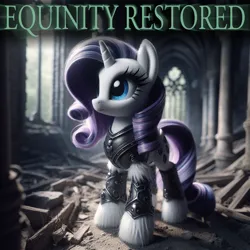 Size: 1024x1024 | Tagged: safe, ai content, machine learning generated, ponerpics import, ponybooru import, rarity, pony, unicorn, alternate cutie mark, armor, bing, dark souls, female, image, jpeg, leg fluff, mare, ruins, solo