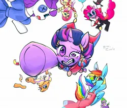 Size: 2048x1741 | Tagged: safe, artist:petaltwinkle, derpibooru import, applejack, fluttershy, pinkie pie, rainbow dash, rarity, spike, twilight sparkle, twilight sparkle (alicorn), alicorn, dragon, earth pony, pegasus, pony, unicorn, caine (the amazing digital circus), cane, clothes, crossover, dress, female, g4, gangle, grin, gritted teeth, hat, hoof hold, hooves behind head, image, jax (the amazing digital circus), jester, jester hat, jester outfit, jpeg, kinger, mane seven, mane six, mare, modular, overalls, pomni, ragatha, simple background, smiling, teeth, the amazing digital circus, top hat, underhoof, white background, winged spike, wings, zooble