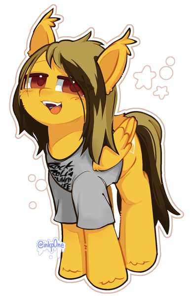 Size: 1265x1969 | Tagged: safe, artist:inkp0ne, derpibooru import, ponified, pegasus, pony, alex gaskarth, clothes, commission, dyed mane, dyed tail, ear fluff, fangs, folded wings, hair over one eye, image, lidded eyes, looking at you, male, open mouth, outline, png, shirt, signature, simple background, solo, stallion, stars, t-shirt, tail, white background, white outline, wings