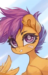 Size: 2625x4096 | Tagged: safe, artist:jfrxd, derpibooru import, scootaloo, bird, chicken, pegasus, pony, bandaid, eye clipping through hair, eyebrows, eyebrows visible through hair, grin, image, looking at you, png, smiling, solo