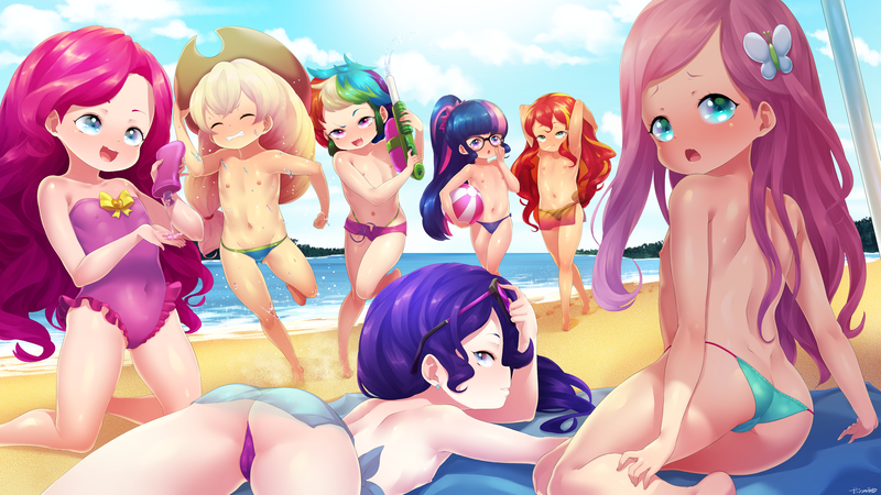 Size: 3840x2160 | Tagged: questionable, artist:born-to-die, banned from derpibooru, ponerpics import, ponybooru import, applejack, fluttershy, pinkie pie, rainbow dash, rarity, sunset shimmer, twilight sparkle, human, beach, beach babe, beach ball, beach towel, bikini, breasts, butt, clothes, delicious flat chest, female, females only, humanized, image, lolicon, looking at you, lying down, mane six, nipples, nudity, one-piece swimsuit, partial nudity, png, sand, sexy, skirt, small breasts, stupid sexy fluttershy, stupid sexy mane six, stupid sexy pinkie, stupid sexy rainbow dash, stupid sexy rarity, stupid sexy sunset shimmer, stupid sexy twilight, summer, sunglasses, sunscreen, swimsuit, topless, towel, underage, water, watergun