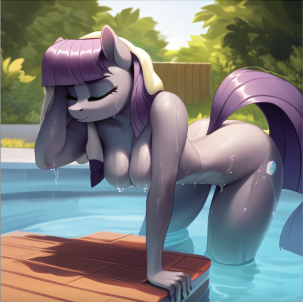 Size: 1412x1408 | Tagged: questionable, ai content, machine learning generated, stable diffusion, maud pie, anthro, earth pony, aroused, backyard, beach babe, beach towel, bent over, breasts, busty maud pie, drying off, exhibitionism, eyes closed, image, inviting, nudity, png, poolside, seductive pose, sexy, skinny dipping, smiling, solo, swimming pool, towel, wet body, wet mane