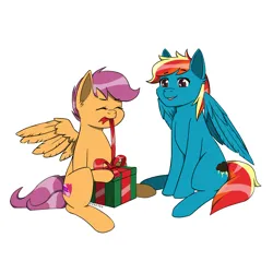 Size: 2000x2000 | Tagged: safe, artist:erein, derpibooru import, scootaloo, oc, oc:storm, pegasus, pony, brown eyes, christmas, christmas presents, colored, commission, cute, ears up, female, flat colors, g4, happy, holiday, image, jpeg, male, multicolored hair, parents:canon x oc, pegasus oc, present, simple background, smiling, spread wings, white background, wingding eyes, wings