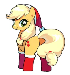 Size: 697x739 | Tagged: safe, artist:cheesesauce_45, derpibooru import, applejack, earth pony, pony, applebutt, butt, christmas, clothes, female, hat, holiday, image, looking at you, looking back, looking back at you, mare, plot, png, santa hat, simple background, smiling, smiling at you, socks, solo, stockings, thigh highs, white background