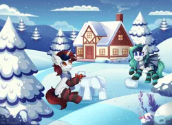 Size: 3000x2186 | Tagged: safe, artist:madelinne, derpibooru import, oc, oc:metronome circuit, unofficial characters only, bat pony, unicorn, bat pony oc, bat wings, clothes, cloud, duo, horn, house, image, png, scarf, snow, snowman, socks, tree, unicorn oc, wings