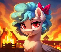 Size: 1344x1152 | Tagged: safe, ai content, derpibooru import, machine learning generated, stable diffusion, cozy glow, pegasus, pony, arson, bow, building, burning, bust, disaster girl, evil grin, female, filly, fire, foal, g4, generator:easyfluff v11.2, grin, hair bow, image, looking at you, night, png, prompter:tyto4tme4l, pure concentrated unfiltered evil of the utmost potency, pure unfiltered evil, sky, smiling, smiling at you, solo, some mares just want to watch the world burn