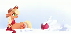 Size: 2949x1419 | Tagged: safe, artist:28gooddays, derpibooru import, apple bloom, applejack, earth pony, pony, apple bloom's bow, apple sisters, bow, clothes, deep snow, duo, female, filly, floppy ears, hair bow, image, jpeg, looking back, mare, scarf, siblings, sisters, snow, winter