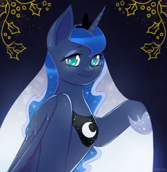 Size: 1920x1980 | Tagged: safe, artist:erein, derpibooru import, princess luna, alicorn, pony, blanket, bust, christmas, clothes, cute, ears up, eyeshadow, gradient background, holiday, horn, image, jpeg, looking at you, makeup, portrait, shine, smiling, snow, snowfall, solo, turquoise eyes, wingding eyes, wings, winter