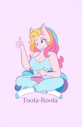 Size: 1325x2047 | Tagged: safe, artist:mscolorsplash, derpibooru import, anthro, earth pony, plantigrade anthro, pony, g3, breasts, busty toola-roola, cleavage, clothes, female, freckles, image, lotus position, mare, one eye closed, pants, pencil, png, shoulder freckles, sitting, socks, solo, sweatpants, thumbs up, tongue out, toola-roola