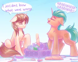 Size: 2500x2000 | Tagged: safe, artist:adagiostring, derpibooru import, oc, oc:gadget, pony, unicorn, brown mane, commission, computer, dialogue, duo, funny, green mane, image, lol, male, male oc, png, sad, simple background, sitting, stallion, standing