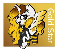 Size: 1000x900 | Tagged: safe, artist:txc, derpibooru import, oc, oc:gold star, unofficial characters only, clothes, cutie mark, glasses, gradient background, image, no source available, png, simple background, socks, stockings, tail, text, thigh highs, transparent background, yellow mane, yellow tail