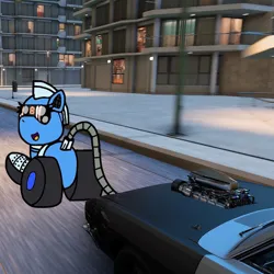 Size: 828x828 | Tagged: safe, artist:foxfer64_yt, derpibooru import, oc, oc:silverstream (robot pony), unofficial characters only, original species, pony, robot, robot pony, wheelpone, car, city, dodge (car), forza horizon, image, jpeg, photo, solo, street, three quarter view, towing