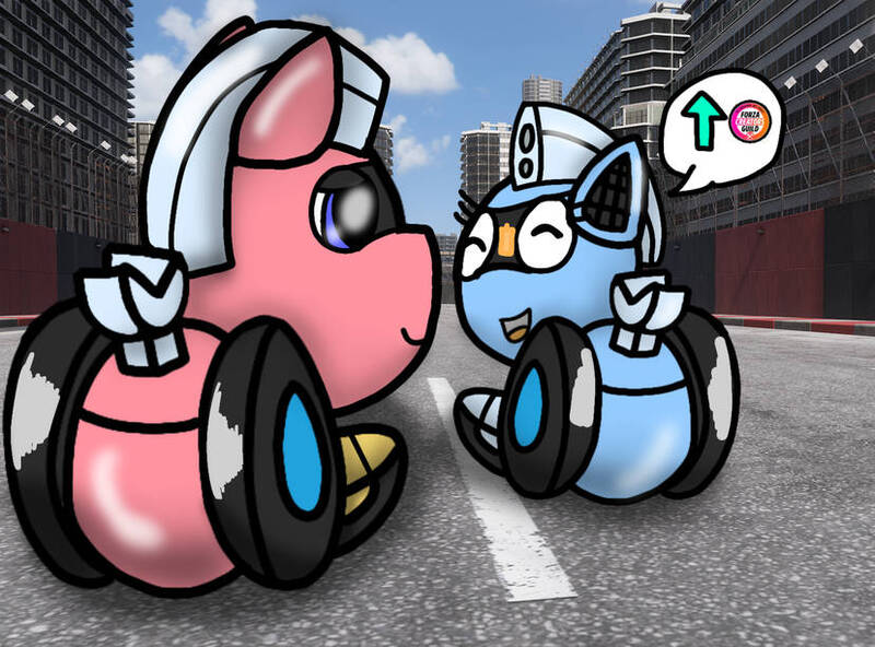 Size: 828x613 | Tagged: safe, artist:foxfer64_yt, derpibooru import, oc, oc:silverstream (robot pony), oc:trackhead, unofficial characters only, original species, pony, robot, robot pony, wheelpone, chatting, city, day, duo, happy, highway, image, jpeg, looking at each other, looking at someone, photo, siblings, skyscraper, smiling