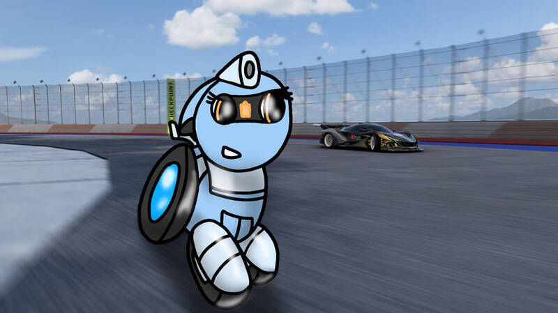 Size: 828x465 | Tagged: safe, artist:foxfer64_yt, derpibooru import, oc, oc:silverstream (robot pony), unofficial characters only, original species, pony, robot, robot pony, wheelpone, car, confident, day, image, jpeg, looking right, photo, race, racecar, racing