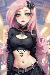 Size: 1024x1536 | Tagged: suggestive, ai content, derpibooru import, editor:sammykun, machine learning generated, stable diffusion, fluttershy, human, belt, black lipstick, boob window, breasts, busty fluttershy, choker, cleavage, clothes, emotionless, eyeshadow, female, fluttergoth, g4, generator:yodayo, goth, humanized, image, jewelry, jpeg, lipstick, long hair, long sleeves, looking at you, makeup, midriff, ribbon, serious, serious face, sexy, skirt, solo, solo female