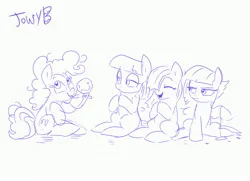 Size: 3425x2480 | Tagged: safe, artist:jowybean, derpibooru import, limestone pie, marble pie, maud pie, pinkie pie, earth pony, pony, cute, diapinkes, eyes closed, female, filly, filly pinkie pie, foal, g4, hand puppet, happy, image, jpeg, lidded eyes, marblebetes, maudabetes, monochrome, open mouth, open smile, pie sisters, puppet, siblings, simple background, sisters, smiling, unamused, white background, yo-yo, younger