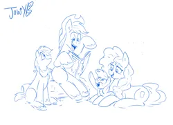Size: 3425x2480 | Tagged: safe, artist:jowybean, derpibooru import, applejack, big macintosh, bright mac, pear butter, earth pony, pony, book, colt, colt big macintosh, family, female, filly, filly applejack, foal, image, lying down, male, monochrome, open mouth, open smile, png, prone, signature, simple background, sitting, sketch, smiling, story time, white background, younger