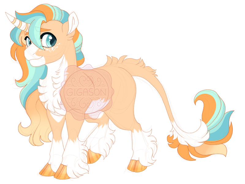 Size: 800x600 | Tagged: safe, artist:gigason, derpibooru import, oc, oc:apple mint, unofficial characters only, pony, unicorn, blaze (coat marking), chest fluff, cloven hooves, coat markings, colored hooves, curved horn, cyan eyes, facial markings, freckles, gradient hooves, gradient mane, hoof polish, horn, image, leonine tail, magical lesbian spawn, male, mealy mouth (coat marking), obtrusive watermark, offspring, pale belly, parent:applejack, parent:starlight glimmer, parents:glimmerjack, png, raised hoof, simple background, socks (coat marking), solo, stallion, standing, striped hair, tail, tail feathers, transparent background, unshorn fetlocks, watermark