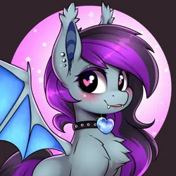 Size: 1000x1000 | Tagged: safe, artist:ynery, derpibooru import, oc, oc:ynery, unofficial characters only, bat pony, pony, bat ears, bat pony oc, bat wings, blushing, chest fluff, ears up, fangs, female, heart, heart eyes, image, jewelry, looking at you, mare, necklace, png, purple hair, smiling, smiling at you, solo, spread wings, wingding eyes, wings