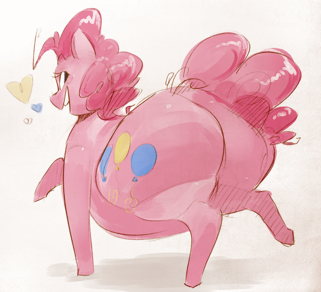 Size: 658x600 | Tagged: suggestive, artist:secretgoombaman12345, derpibooru import, pinkie pie, earth pony, pony, balloonbutt, butt, fat, female, heart, huge butt, large butt, looking at you, looking back, looking back at you, mare, obese, overweight, plot, simple background, solo, white background