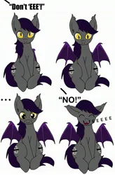 Size: 1885x2882 | Tagged: safe, artist:lostbrony, derpibooru import, oc, oc:specter, unofficial characters only, bat pony, pony, bat wings, blushing, cringing, ear tufts, eeee, fangs, image, jpeg, male, meme, puffy cheeks, sitting, stallion, text, wings