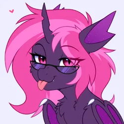 Size: 3000x3000 | Tagged: safe, artist:pesty_skillengton, derpibooru import, oc, pony, bat wings, bust, cute, fangs, female, glasses, horn, image, mare, png, portrait, solo, wings