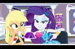 Size: 719x472 | Tagged: safe, derpibooru import, screencap, applejack, rarity, equestria girls, apple, clothes, dress, duo, duo female, exclamation point, female, food, heart, image, implied lesbian, implied rarijack, implied shipping, jewelry, jpeg, pun, shipping fuel, shirt, tent, visual pun