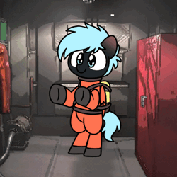 Size: 600x600 | Tagged: safe, artist:sugar morning, derpibooru import, oc, oc:midnight lancer, pegasus, pony, air tank, animated, bipedal, blue eyes, clothes, cute, dancing, gif, harness, hazmat suit, image, lethal company, shoes, tack