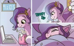 Size: 756x475 | Tagged: safe, derpibooru import, idw, pipp petals, pegasus, pony, g5, spoiler:comic, spoiler:g5comic, spoiler:g5comic04, adorapipp, blanket, chocolate, collage, computer, cropped, cute, female, food, hot chocolate, image, laptop computer, mare, marshmallow, png, sleeping, solo