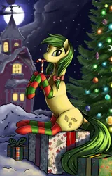 Size: 2131x3332 | Tagged: safe, artist:lightly-san, artist:lunebat, artist:pony-way, derpibooru import, apple fritter, earth pony, pony, apple family member, candy, candy cane, christmas, christmas tree, clothes, collaboration, female, food, g4, holiday, image, looking at you, mare, moon, png, present, sitting, snow, snowfall, socks, solo, striped socks, tree