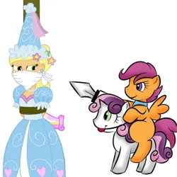 Size: 1080x1080 | Tagged: safe, derpibooru import, applejack, scootaloo, sweetie belle, human, pegasus, pony, unicorn, equestria girls, applejack is not amused, ballgag, bondage, bound and gagged, cloth gag, clothes, dress, froufrou glittery lacy outfit, gag, hat, hennin, humanized, image, kidnapped, knight rescues the princess, over the nose gag, png, pole tied, princess, princess applejack, rescue, ropes, simple background, sword, unamused, weapon, white background