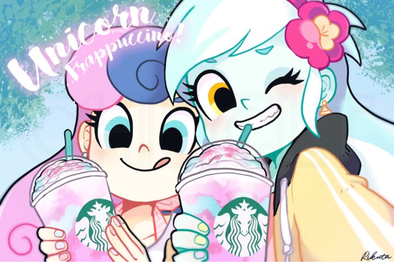 Size: 1170x780 | Tagged: safe, artist:rikuta, ponerpics import, ponybooru import, character:bon bon, character:lyra heartstrings, character:sweetie drops, clothes, drink, duo, grin, hoodie, image, jpeg, my little pony:equestria girls, smiling, starbucks, unicorn frappuccino