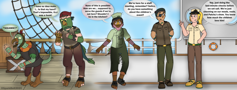 Size: 3108x1185 | Tagged: safe, artist:sparkbolt3020, derpibooru import, boyle, captain celaeno, lix spittle, anthro, bird, human, parrot pirates, my little pony: the movie, comic, commission, humanized, image, mind control, mullet (g4), pirate, pirate ship, png, reality shift, speech bubble, squabble, transformation