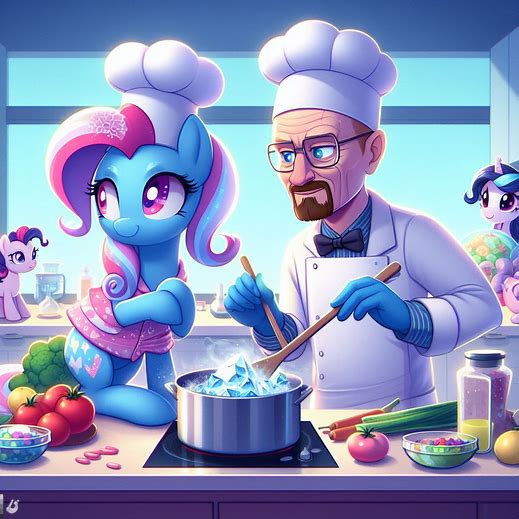 Size: 519x519 | Tagged: prompter needed, safe, ai content, derpibooru import, machine learning generated, trixie, breaking bad, crossover, hol up, image, jpeg, walter white