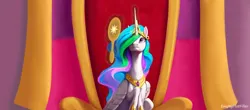 Size: 3597x1580 | Tagged: safe, ai content, derpibooru import, edit, editor:emptyplotfiller, machine learning assisted, princess celestia, alicorn, fanfic:crossing the trixie bridge:a new life in the crystal empire, canterlot castle, canterlot throne room, image, mirror, png, throne