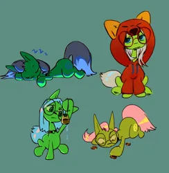 Size: 2214x2268 | Tagged: safe, artist:khvorost162, derpibooru import, oc, unofficial characters only, earth pony, fox, choker, clothes, coin, earth pony oc, glasses, hoodie, image, png, sleeping, teabag