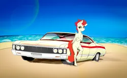 Size: 7919x4913 | Tagged: safe, artist:bumskuchen, derpibooru import, oc, oc:bittersweet, pegasus, semi-anthro, beach, bipedal, car, chevrolet, chevrolet impala, crossed arms, image, lens flare, png, solo, vehicle
