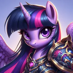 Size: 1024x1024 | Tagged: prompter needed, safe, ai content, derpibooru import, machine learning generated, twilight sparkle, twilight sparkle (alicorn), alicorn, pony, armor, armored pony, bust, detailed, female, g4, generator:dall-e 3, gradient background, image, jpeg, looking at you, mare, shoulder pads, solo, spread wings, wings